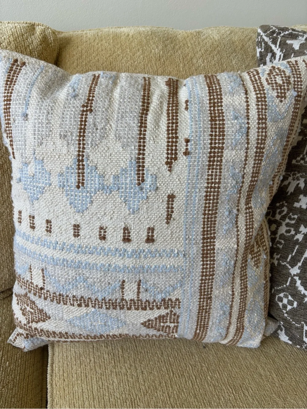 West Elm Cream, Light Blue & Brown Woven Geometric Accent Pillow
